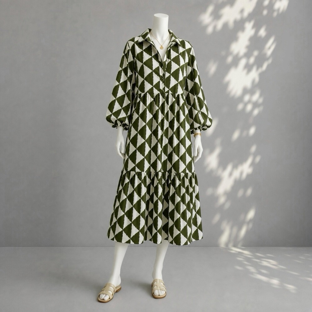 Anthropologie Maeve Bettina Tiered Shirt Dress M Green White Geometric Cotton - Picture 2 of 12